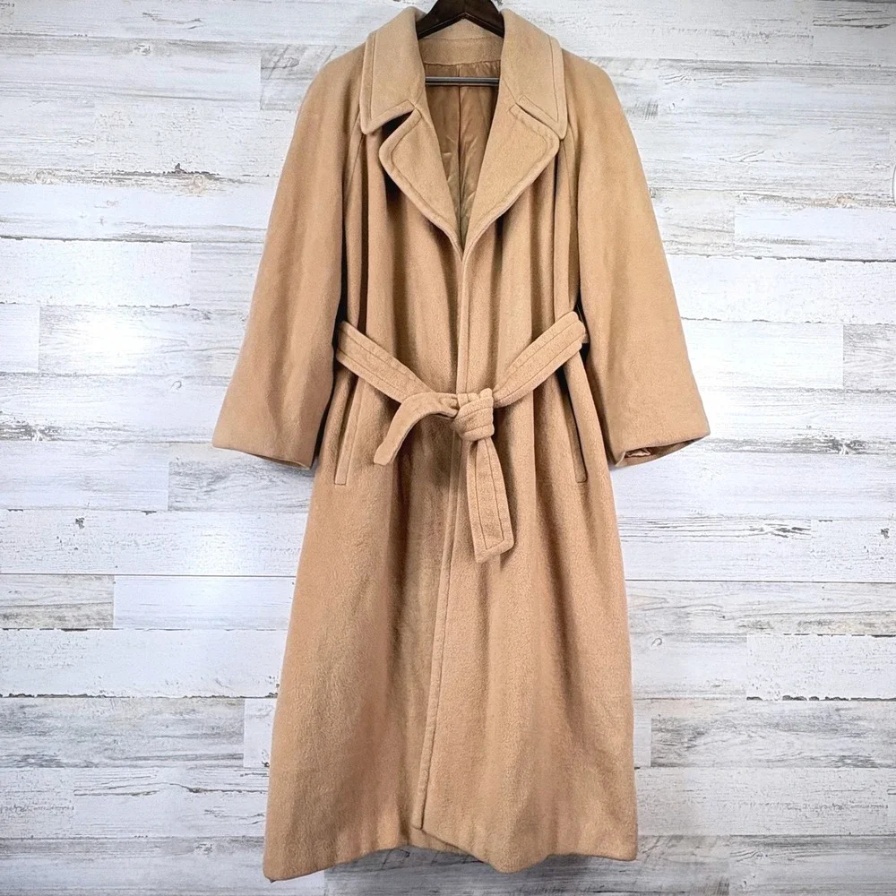 Vintage 70s Regency Cashmere Long Trench Coat 8 Camel Tan Tie Waist Old Money - Picture 1 of 12